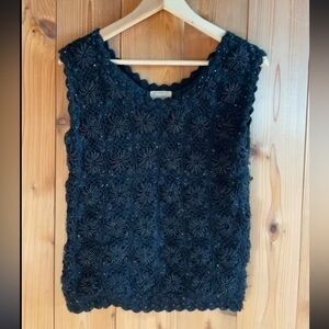 60s Black Vintage wool crochet beaded top